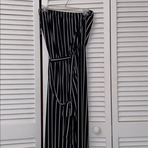 Black and white striped strapless romper